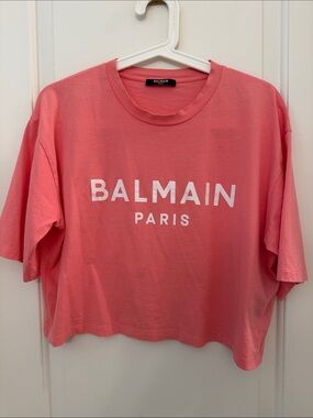 Balmain Coral Pink Logo Crop Tee
